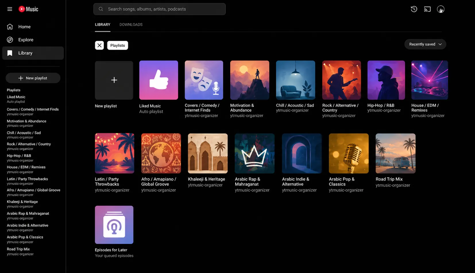 YouTube Music screenshot showing playlists created by ytmusic-organizer.